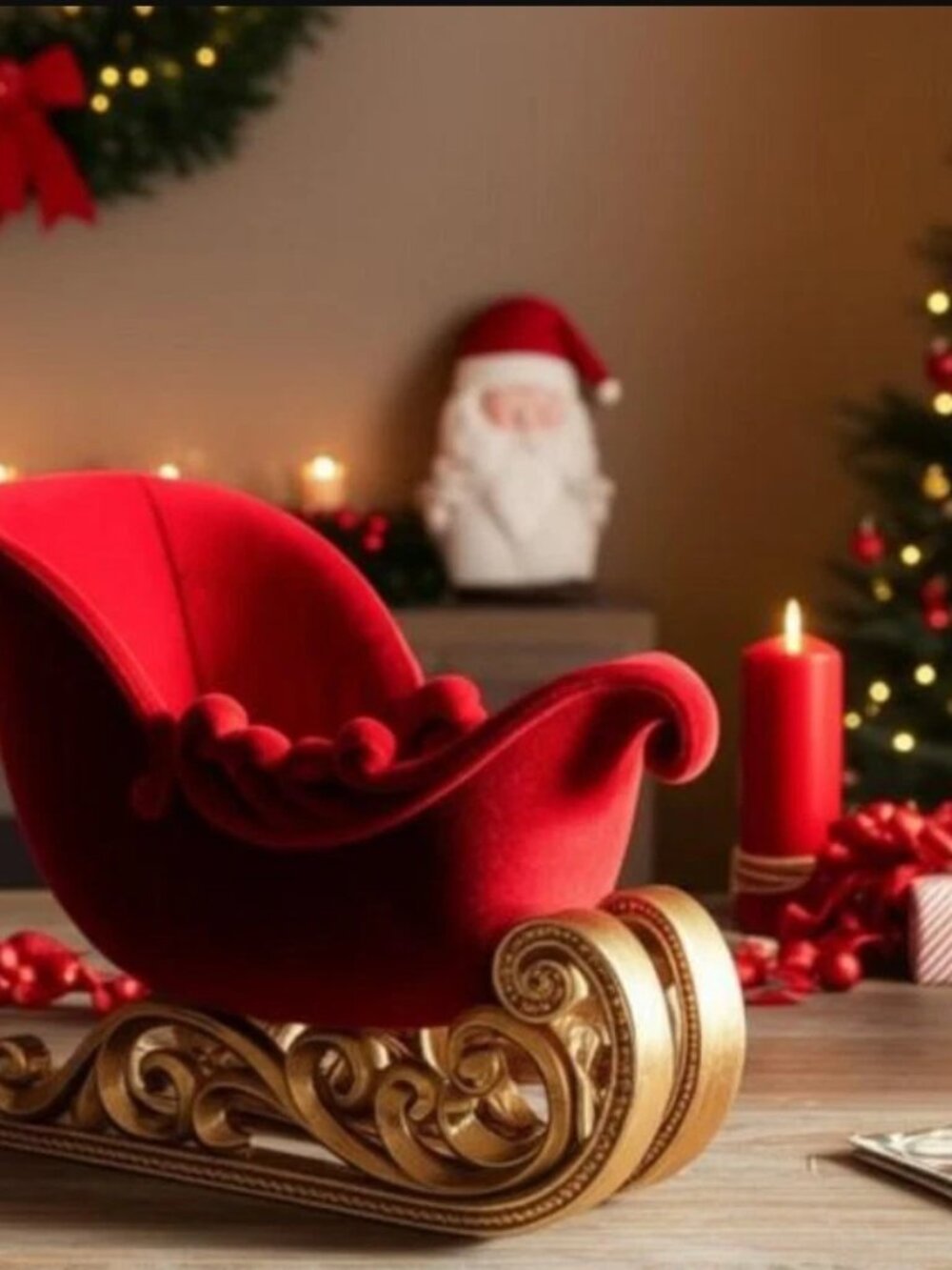 12" Red Flocked Santa Sleigh Christmas Tabletop Decor Gold Scroll Runners Mantel